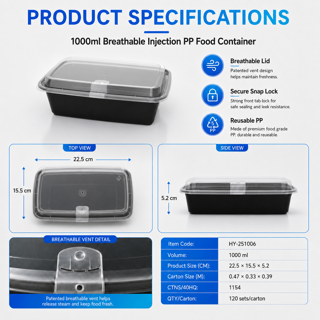 HY-251006 1000ml Vented Lid Injection Molded PP Food Container for Takeaway